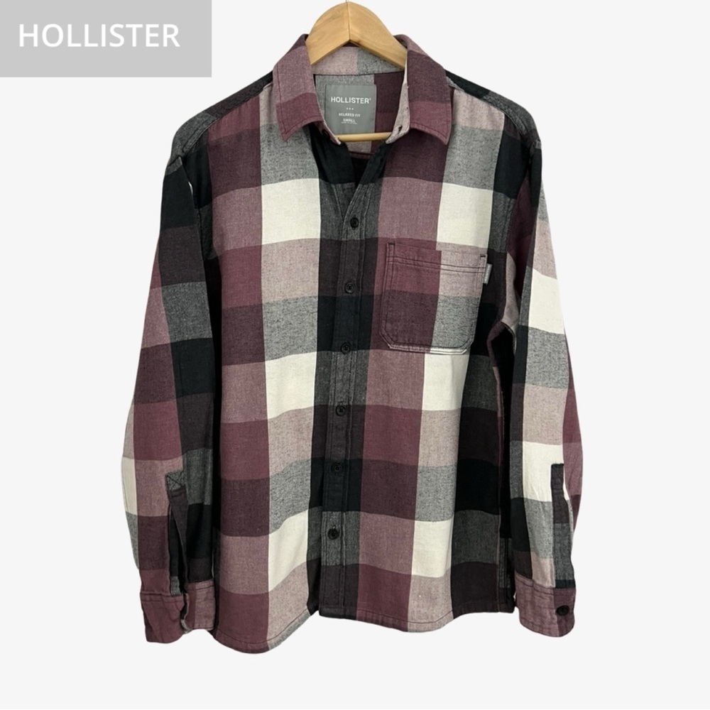 HOLLISTER - MENS RELAX FIT FLANNEL BUTTON-THROUGH SHIRT IN BLACK PURPLE CREAM SM